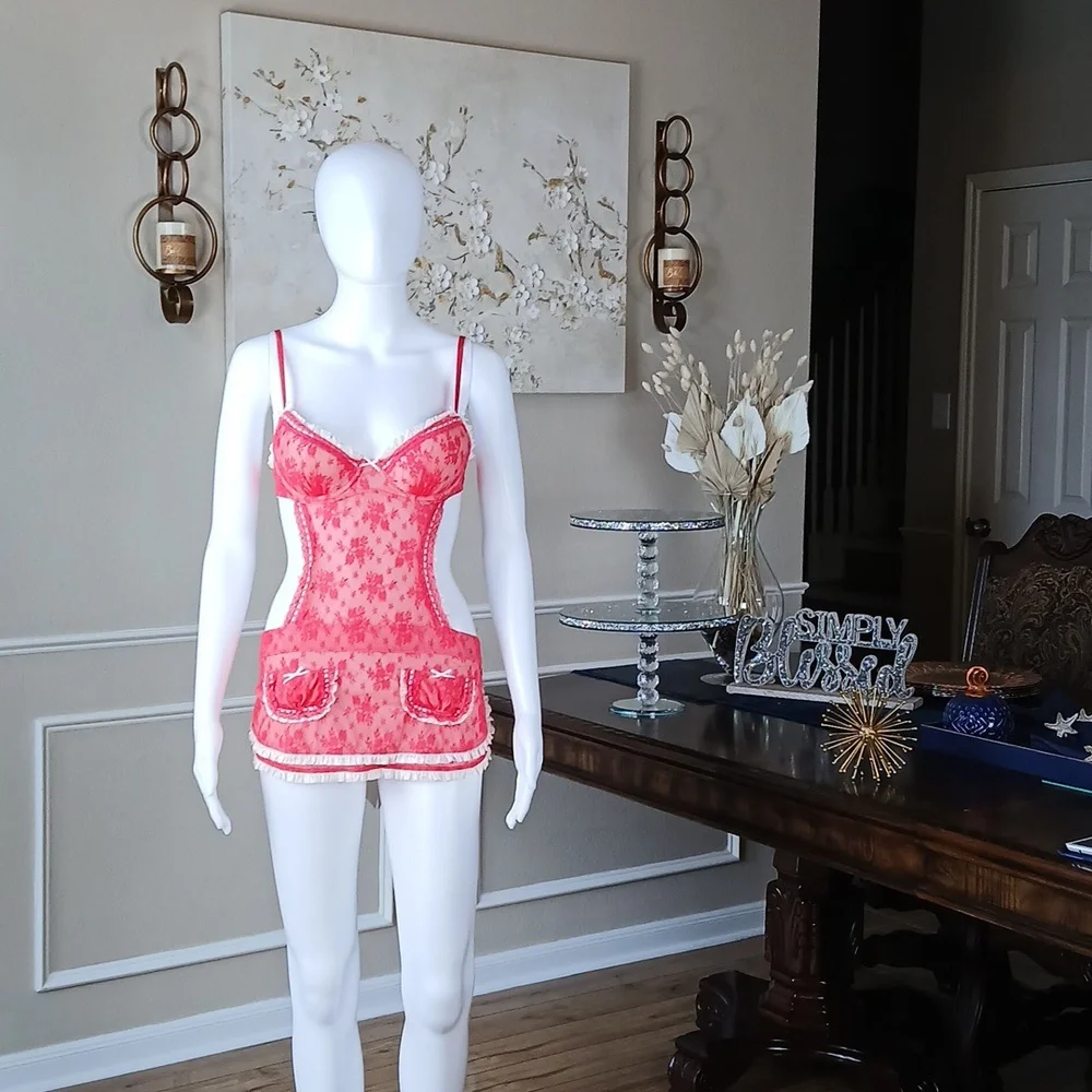 Victoria's Secret Super Sexy Floral Lace Apron Lingerie Mini Dress Size 34B